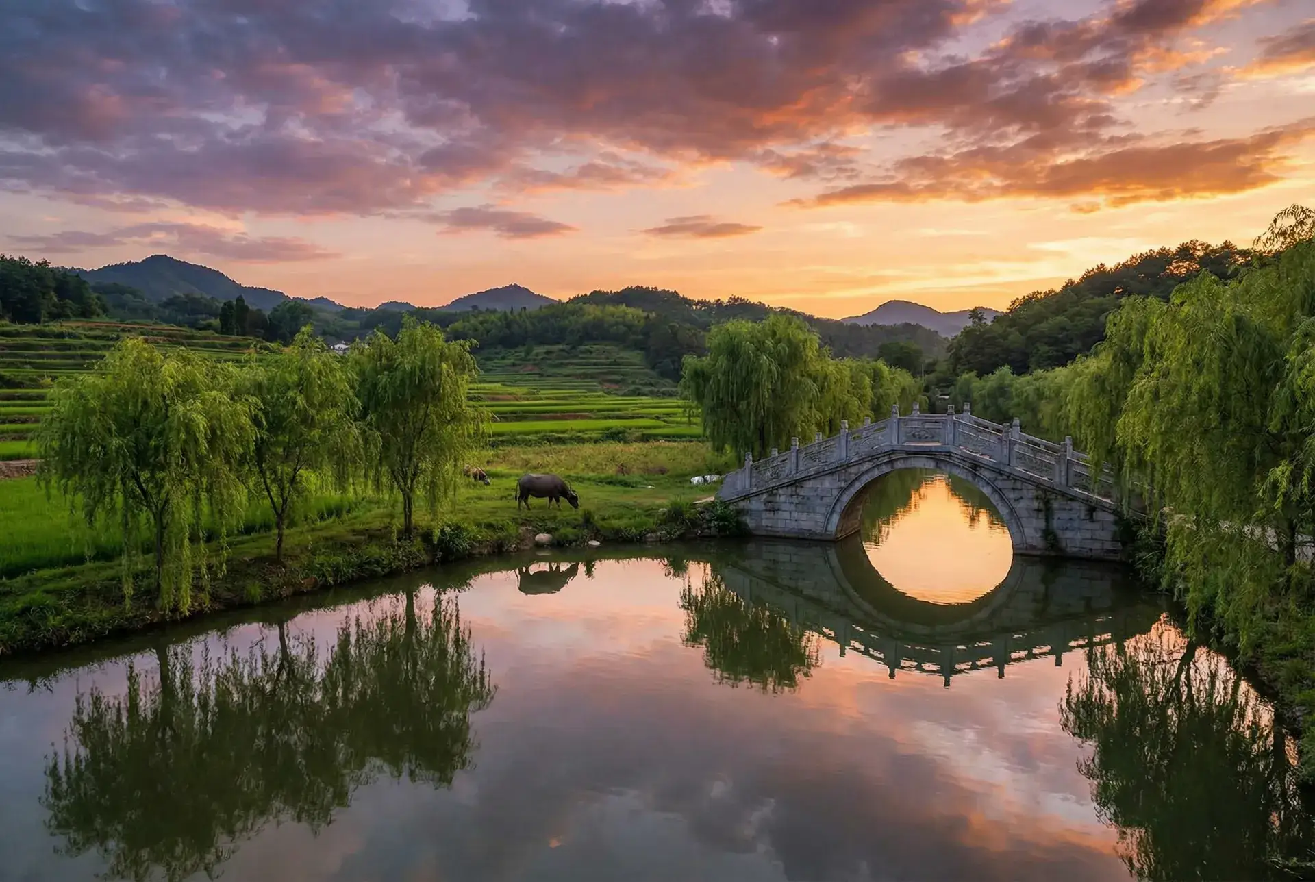 夕阳下的石拱桥与垂柳，水牛在河边吃草 - 裙子中是野兽 乡村美景